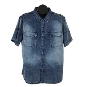 Airwalk Button Up Denim Shirt Men's Size XL Blue Short Sleeves Stretch Casual